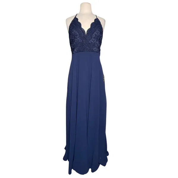 NWT LULU’s Women’s Navy Blue Chiffon Lace Maxi Full Length Dress Gown - Image 5