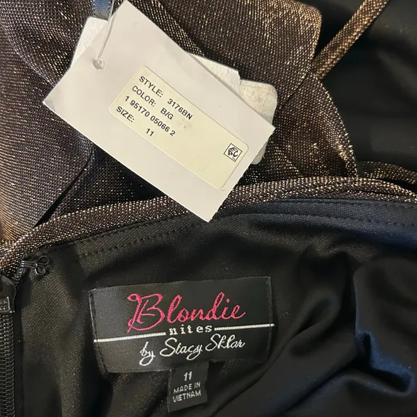 Blondie Nites by Stacy Sklar NWT Mini Halter Dress SZ 11 Black Gold Shimmer - Image 8