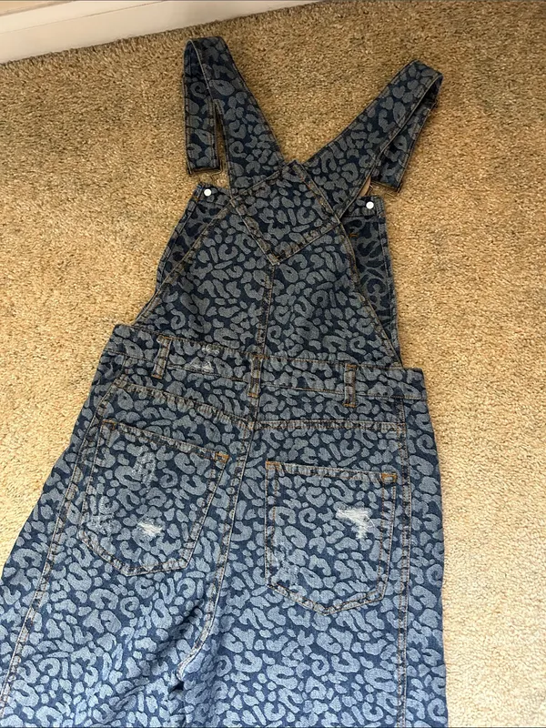 Aaron & Amber denim blue animal print wide bell leg boho overalls S - Image 12