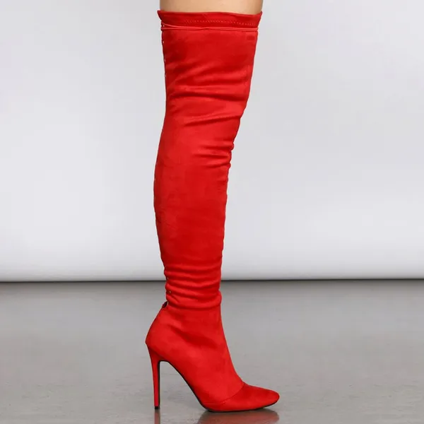 Forever Link New Red Stretchy Over The Knee Thigh High Boot Gold Studded Stiletto High Heel - Image 4