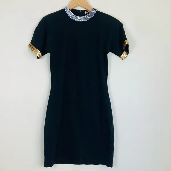 Vintage 90s bodycon black cocktail dress with sequin trim. Size small - Image 2