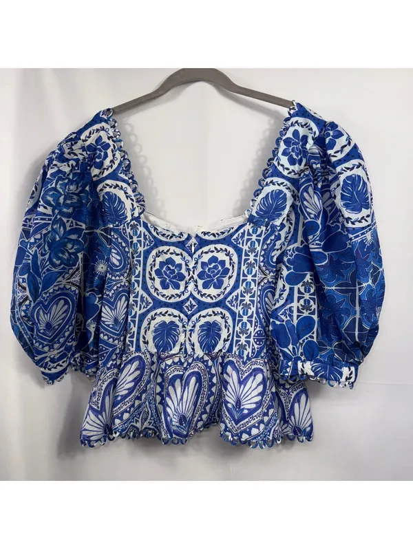 FARM Rio Blue Motif Puff Sleeve Peplum Top XL NWT - Image 9