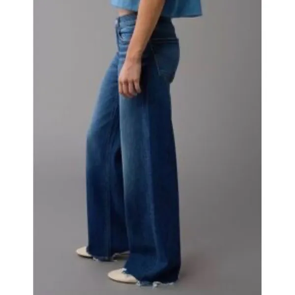 American Eagle AE Sz 10R Low Rise Baggy Wide Leg Stretch Jean Women Distressed - Image 2