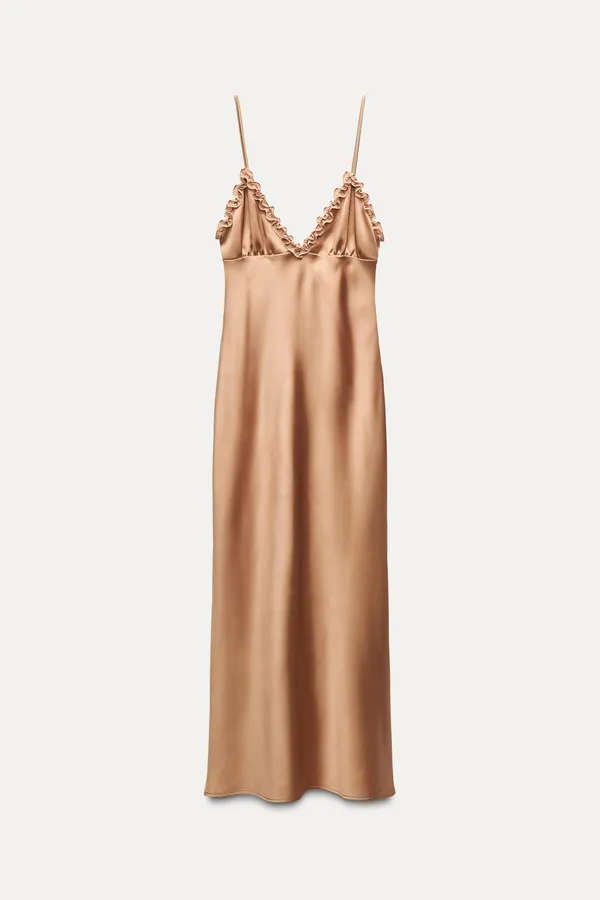 Zara maxi dress bodycon slip satin ruffle carmel evening wedding cocktail - Image 18