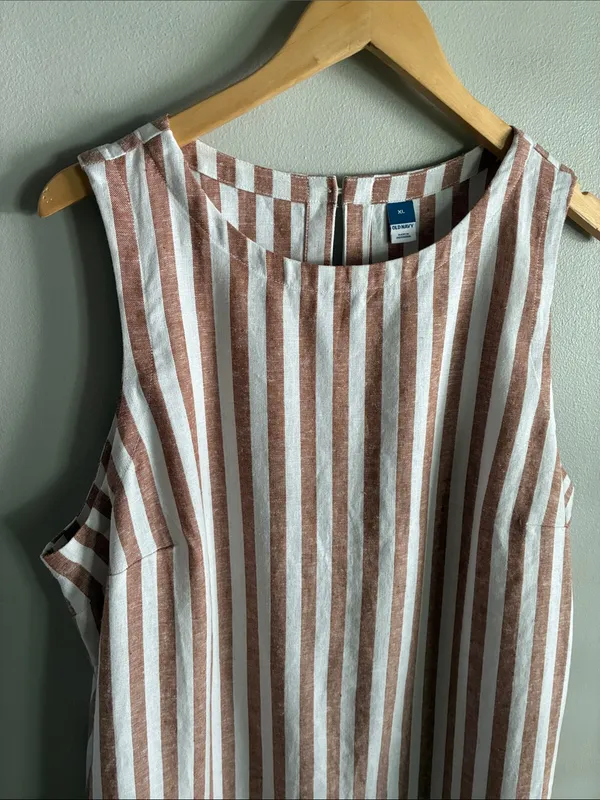 Old Navy Linen Blend Striped Shift Dress XL Tan White Sleeveless Mini - Image 3