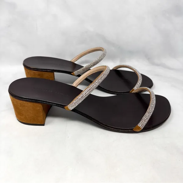 Giuseppe Zanotti Suede Rhinestone Minimalist Mule Sandal Heels Brown 40 - Image 3