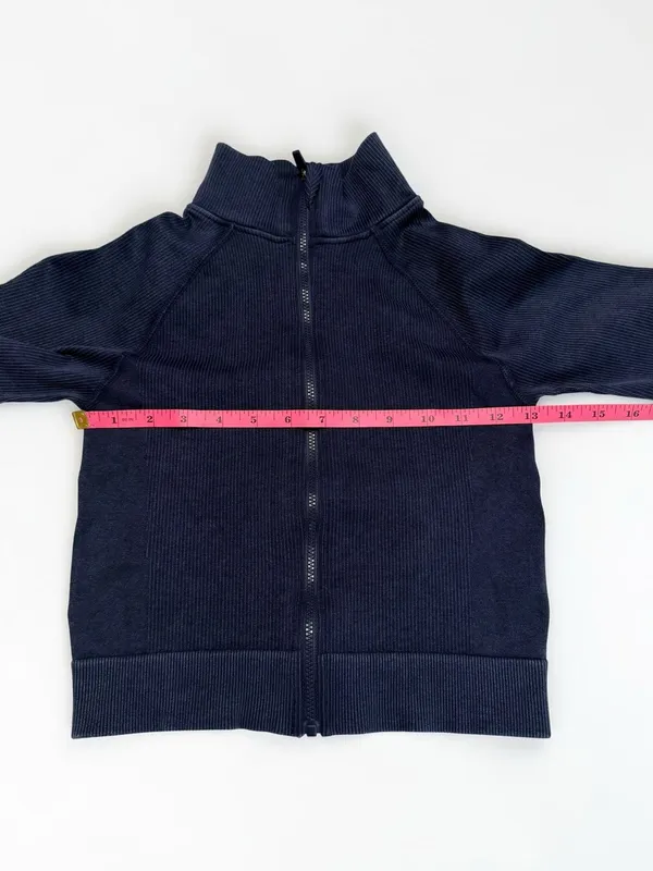 Fabletics Ribbed Seamless Full Zip‎ Jacket Navy Blue Mock Neck Cropped Small - Image 4