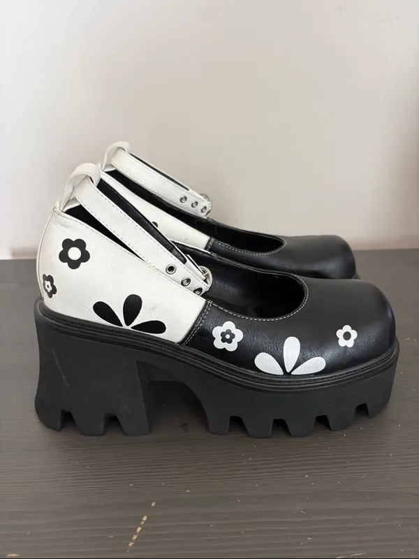Lamoda Platform Mary Jane Y2K Heels Black White Floral Chunky Lug Sole Size 8 - Image 5