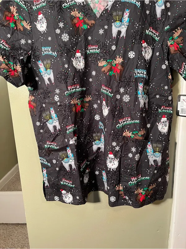 Cherokee Women's Sz Large Merry Whatever Scrub Top Gray V-Neck Holiday Christmas - Image 8