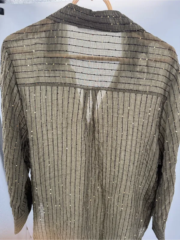 ZARA Woman's Sequin Oversized Tunic Top Shirt Olive Green M sheer casual coverup - Image 14