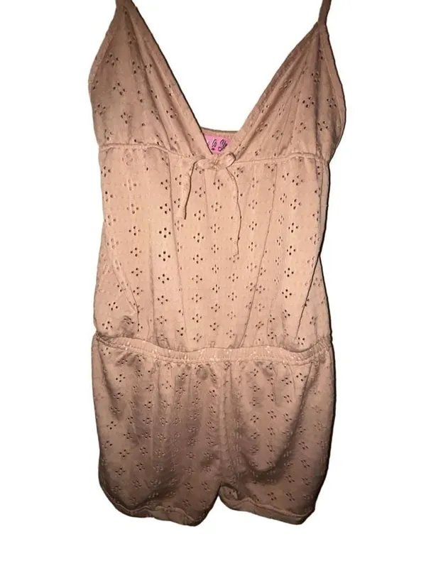 Love to Sleep Romper Coffee Eyelet Tie Front Adj Straps M - Image 3