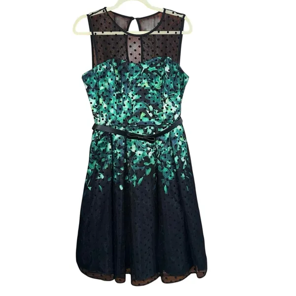 black and green floral cocktail dress sheer polka-dot mesh neckline thin belt 12 - Image 2