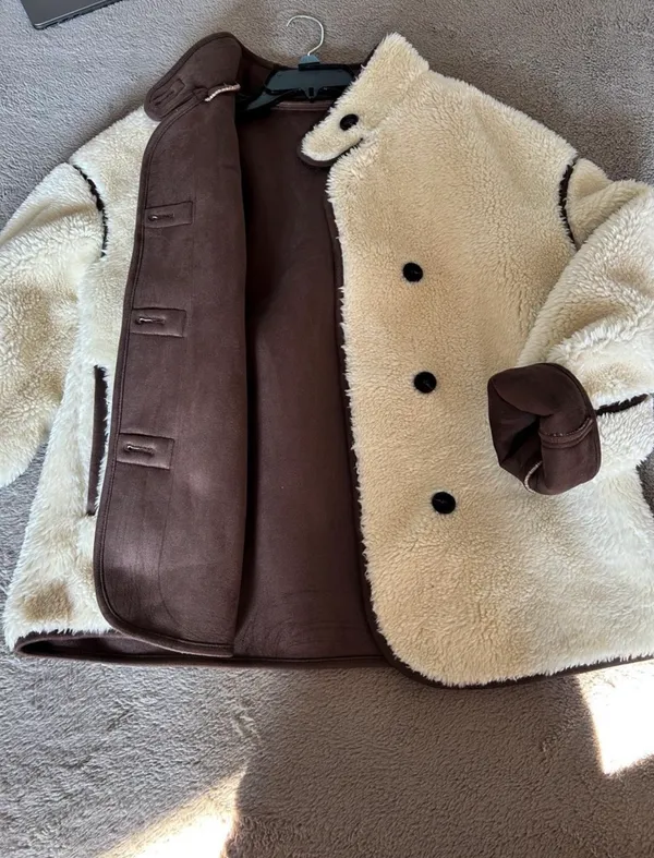 Cream Sherpa Jacket with Brown Trim White - Image 3