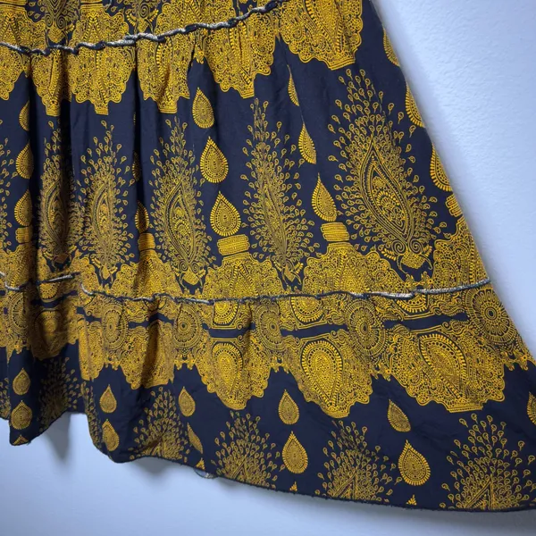 Women Witchy Boho Skirt Medium Black Yellow Paisley Tiered Maxi Artsy Whimsigoth - Image 3