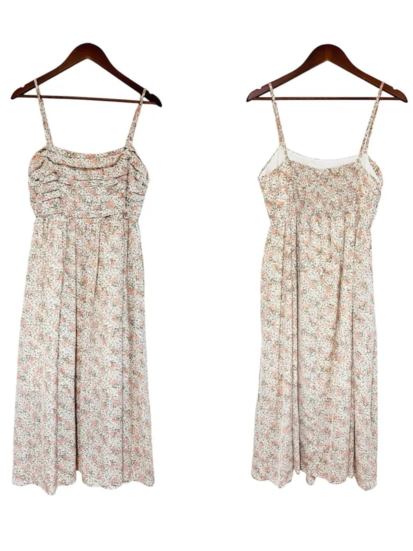 Peach Floral Spaghetti Strap Midi Dress Large Cottagecore Summer Wedding Guest - Image 3