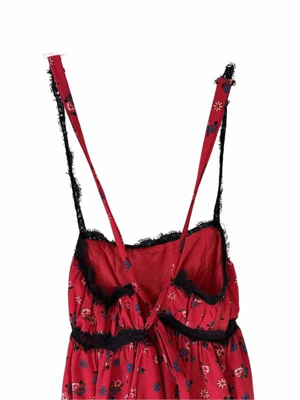 Urban Outfitters Elaina Strappy Lace Red Floral Babydoll Mini Dress size SP - Image 4
