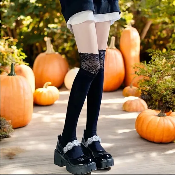 Cozy Black Lace Knee High Socks‎ Soft Warm Over the Knee Long Sleeve Stockings - Image 11