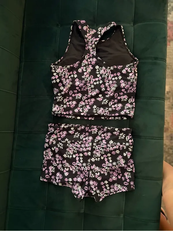 knix‎ Black Floral High-Neck Swim Set with Pink & White Flowers - Image 2