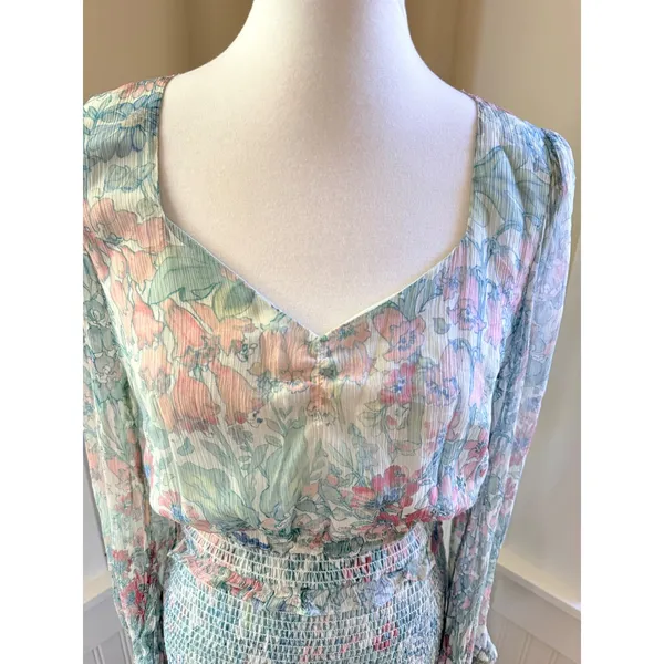 LoveShackFancy Floral Smocked Midi Dress Blue Pink Ruffle Size M - Image 11