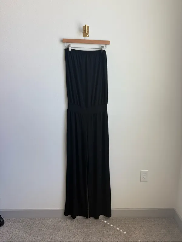 Carmen Marc Valvo Black Strapless Wide Leg Jumpsuit Cover Up Medium - Image 4