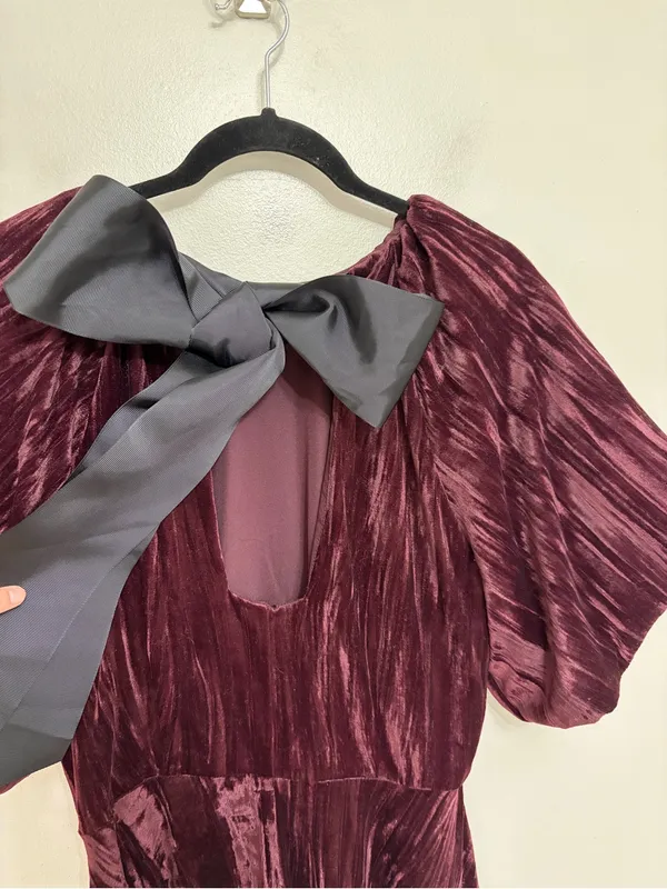 NEW H&M Velvet Balloon Sleeve Ribbon Bow Back Mini Dress in Burgundy - Size M - Image 7