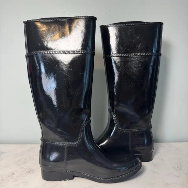 Michael Kors Stockard Gloss Logo Tall Rain Boots Size 7 Black Gold - Image 4