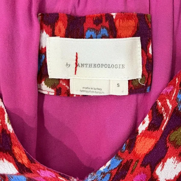 Anthropologie Pink Red Blue Ruffle Flutter Sleeve Dress size S Boho Tomato Girl - Image 3