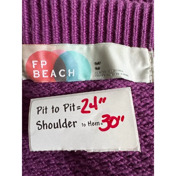 FP Beach Free People Purple Cotton‎ Waffle Knit Henley Sweater Medium 6012 - Image 3