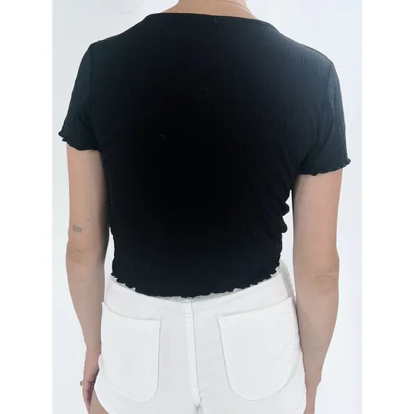 Garage Black Ribbed Drawstring V-Neckline Short Sleeve Top Size Large - Image 2