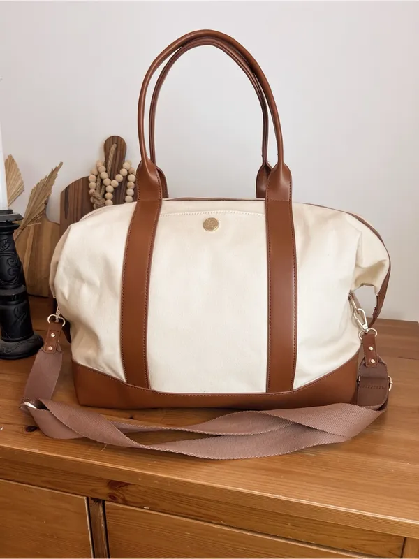 Canvas Weekender Bag with Brown Leather Trim - Image 2