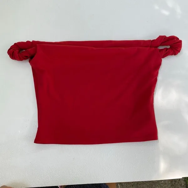 Peppermayo Red Off Shoulder Crop Top Knotted Strap Going Out Y2K - Image 3