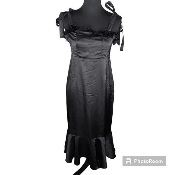 Lulus Black Tie‎ Optional Satin Ruffled Midi Dress - Image 2