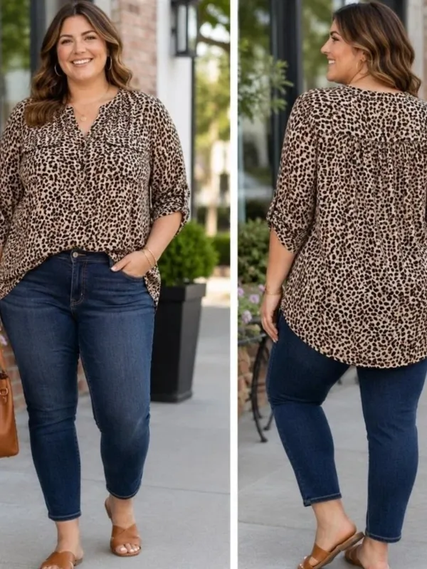 Torrid Harper Leopard Print Pullover Blouse 1 1X 14 16 Georgette Roll Tab Sleeve - Image 2