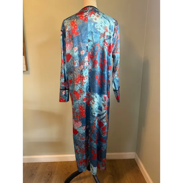 Blue Floral Duster robe Long Sleeve Maxi Kimono Robe Bird boho whimsi Sm dainty - Image 2