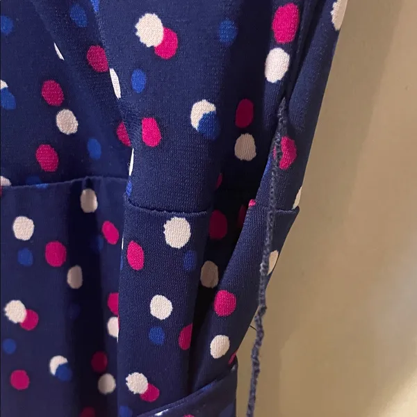 Womens Leota Petite Blue with Polka Dots Faux Wrap Dress - Image 3