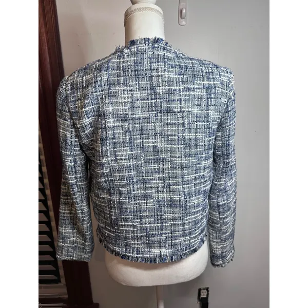 Calvin Klein Womens Blue White Tweed Fringe Open Front Jacket Size 2 Old money - Image 3