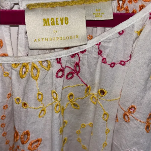 Anthropologie Maeve White Peasant Crop Top with Yellow,Orange & Pink Embroidery - Image 2