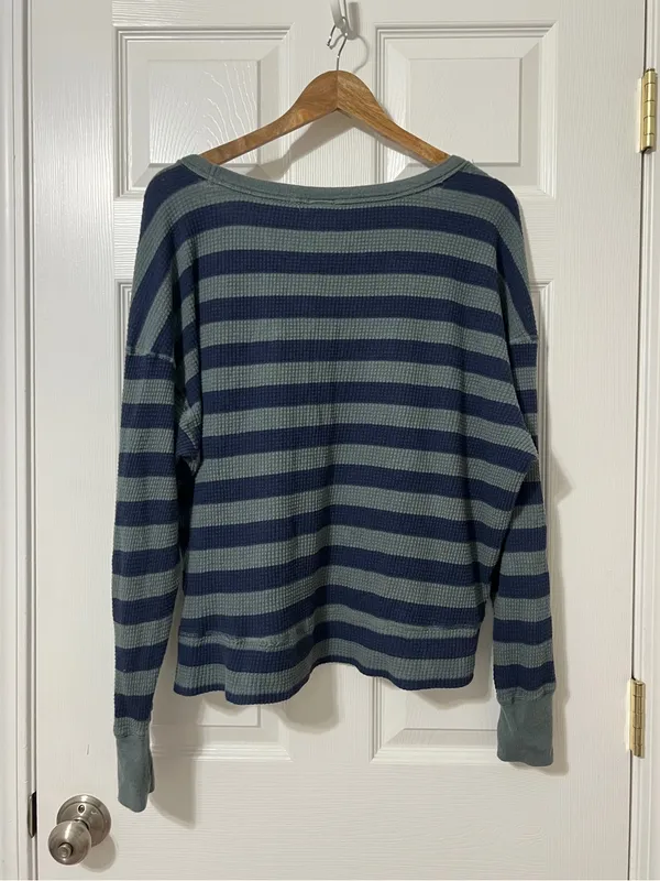 Aerie OFFLINE Wow Oversized Waffle Thermal Top Size Small Striped Green Blue - Image 4