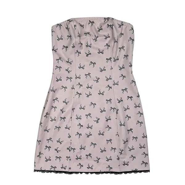 Cider Light Pink Strapless Bow Print Lace Trim Mini Dress Size XS - Image 2