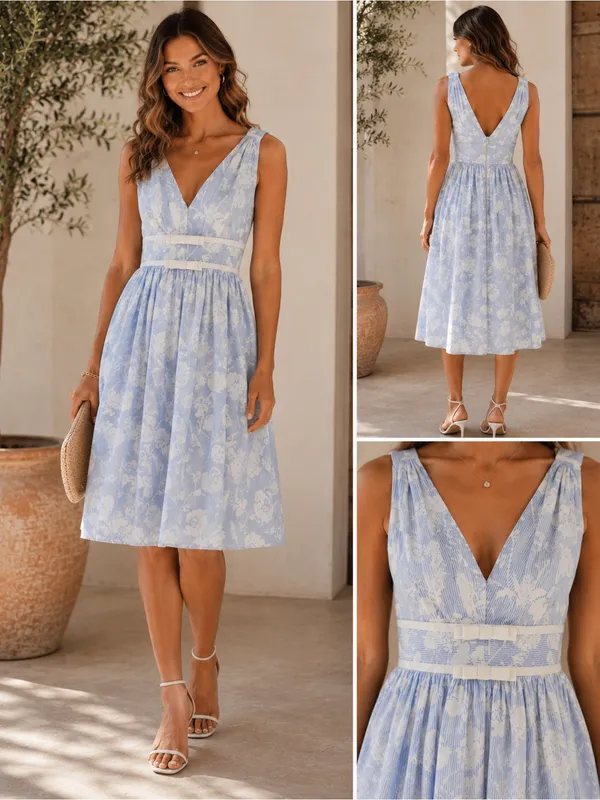 Karl Lagerfeld Blue White Floral Stripe Cotton Blend Dress Size 8 NWT - Image 2