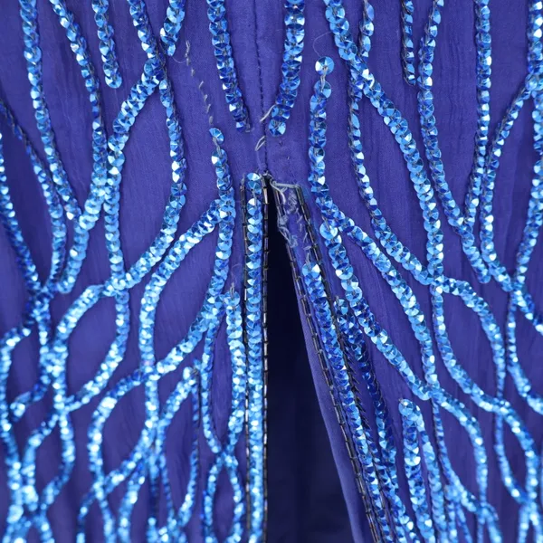 Vintage Silk Sequin Evening Gown Maxi Dress Lined Blue Elegant Zipper M/L 19"P2P - Image 14