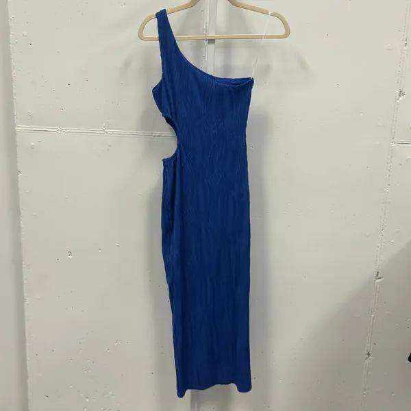 Hello Molly Blue One Shoulder Side Cutout Plisse Midi Dress US 4 S - Image 3