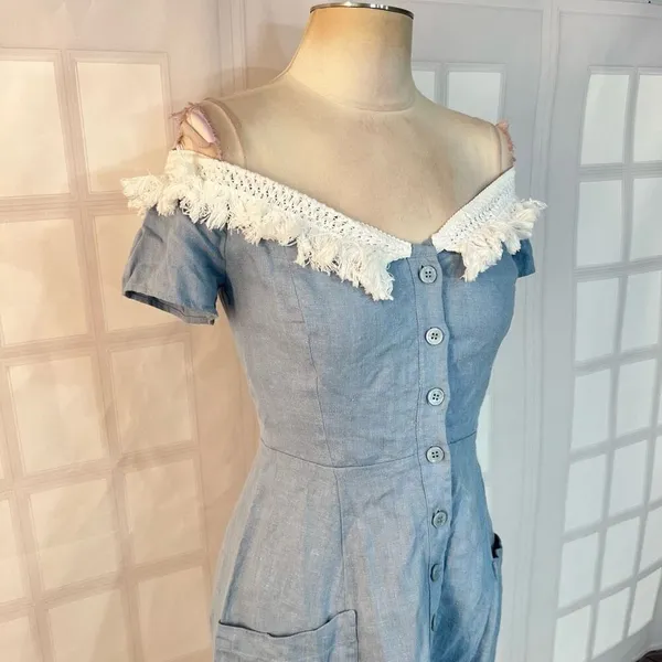 Reformation button down mini denim dress with white fringed off the shoulder nec - Image 2