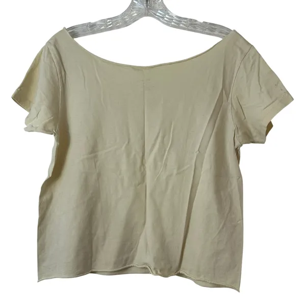 Brandy Melville Cream Cotton Raw Edge Scoop Neck‎ Short Sleeve T-Shirt One Size - Image 2