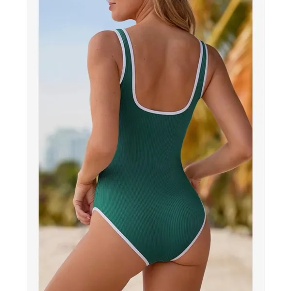 NEW Green Slimming 1 Pc Swimsuit Ribbed High Cut Bathing Suit L - Image 2
