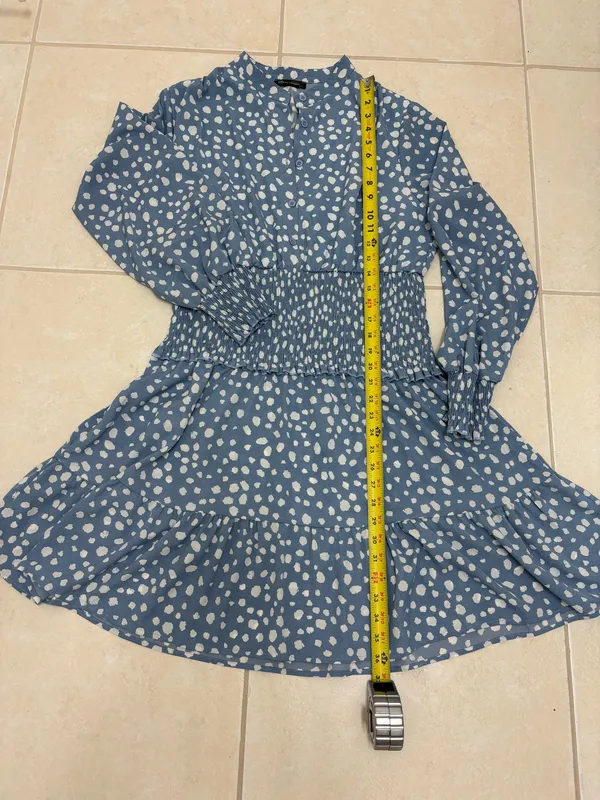 Pretty Garden blue with white polka dot long sleeves dress in size L - Image 5