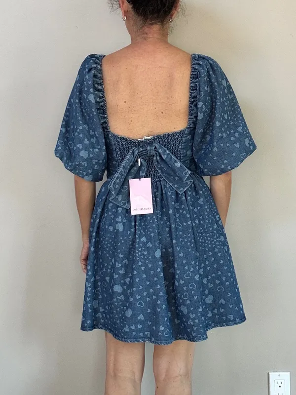 NWT Avec Les Filles Swirling Hearts denim puff sleeve babydoll minidress bow S - Image 3
