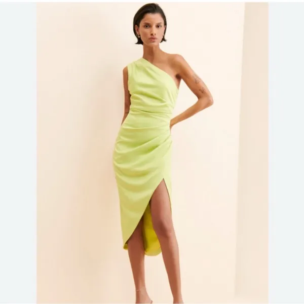 New! Elliatt Cassini Asymmetric‎ Satin Mini Sheath Dress Chartreuse Lime Sz XS - Image 2