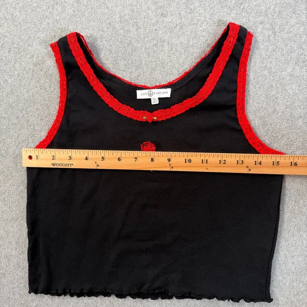 Love & Lazy Days Women's Large Black Rose Crop Tank Top Embroidered Lace Scallop - Image 5