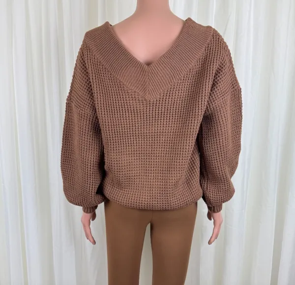 New Women's Zenana Plus Size V-Neck Off The Shoulder Waffle Knit Sweater Camel / Light Brown Sz 1X - Image 5